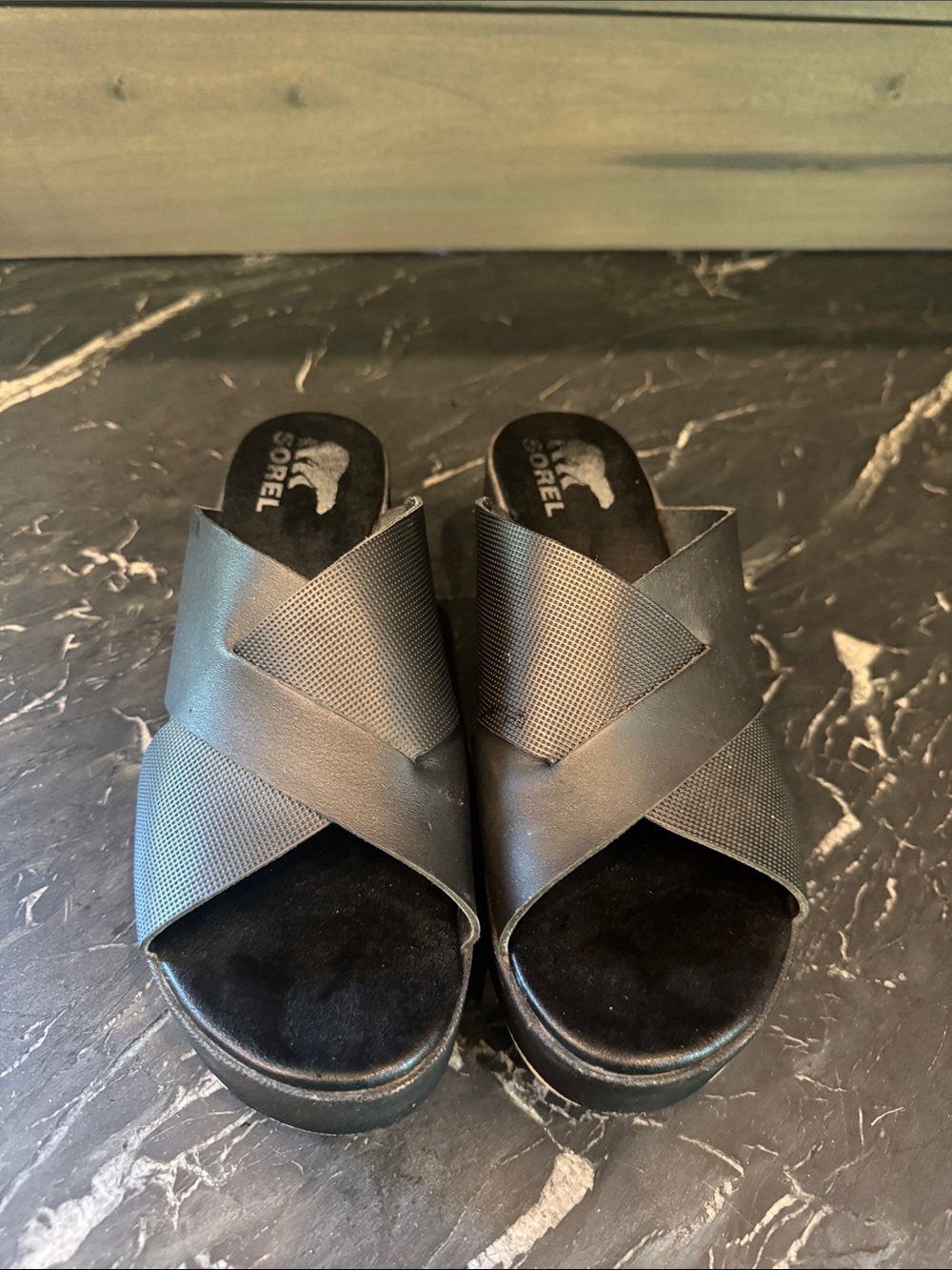 Sorel Black Crisscross Platform Slide Sandals - Picture 2 of 4